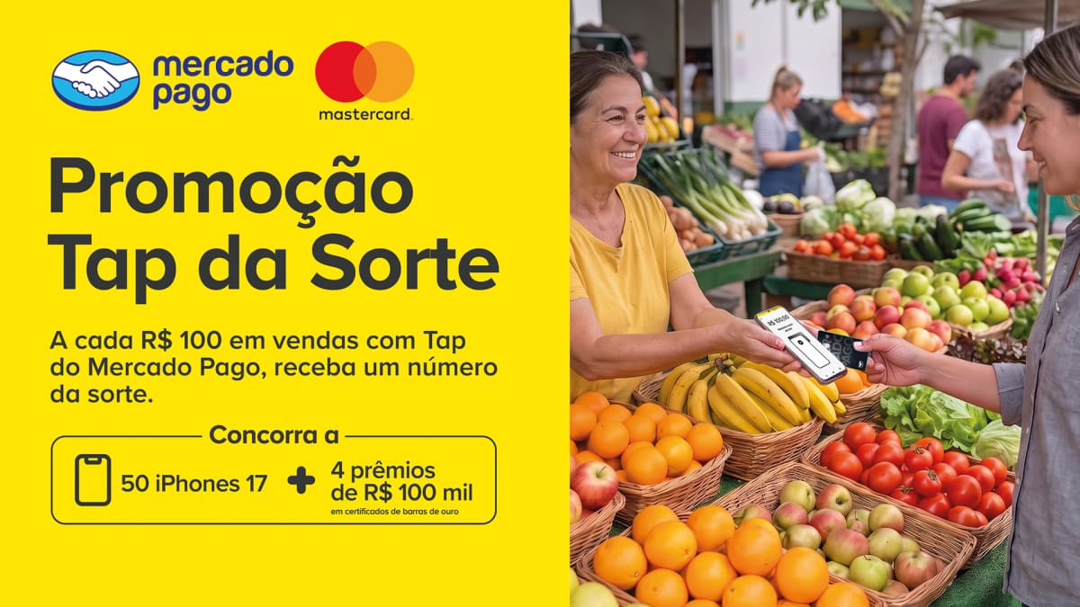 ⏰ 62 dias Promoção Tap da Sorte Mercado Pago: 50 iPhones 17 e Barras de Ouro para Vendedores