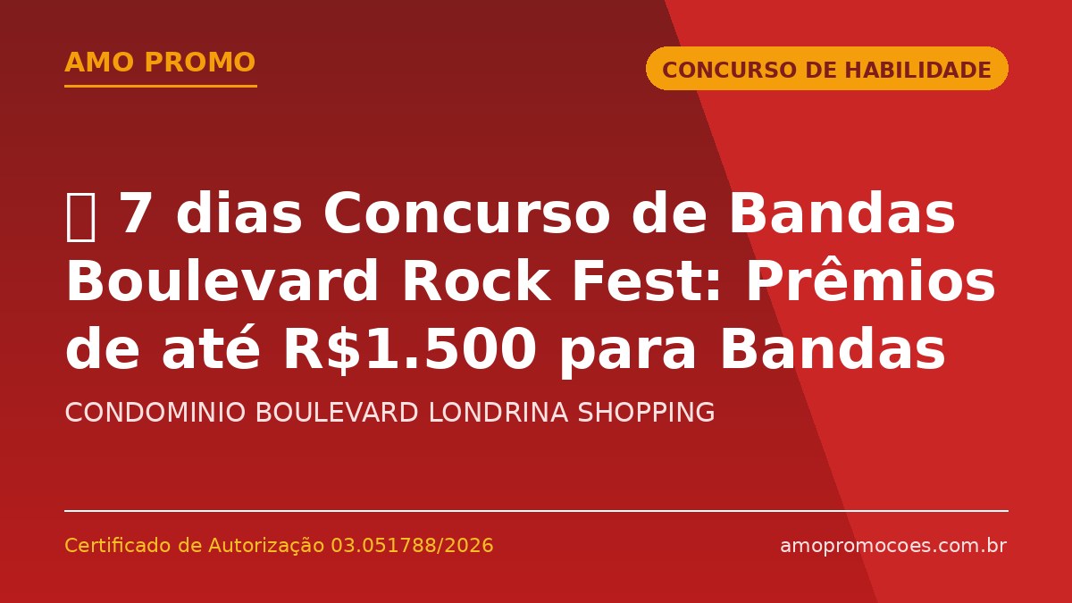 ⏰ 7 dias Concurso de Bandas Boulevard Rock Fest: Prêmios de até R$1.500 para Bandas de Rock 🆓Grátis (PR)