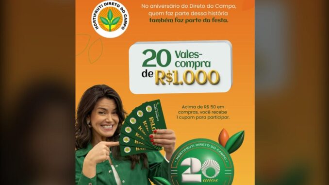 Aniversário 20 Anos Direto do Campo: 20 Vales-Compra de R$1.000 (Vale do Itajaí/SC)