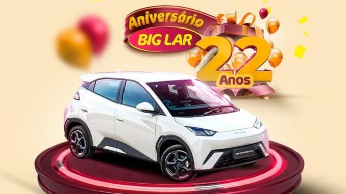 Aniversário Big Lar 22 Anos: BYD Dolphin Mini 0km Sorteado entre Compradores de Produtos Sanremo (GO, TO, BA e DF)