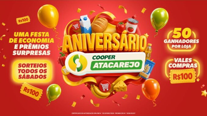 Aniversário Cooper Atacarejo 2026: Vale-Compras de R$100 Todo Sábado (SC)